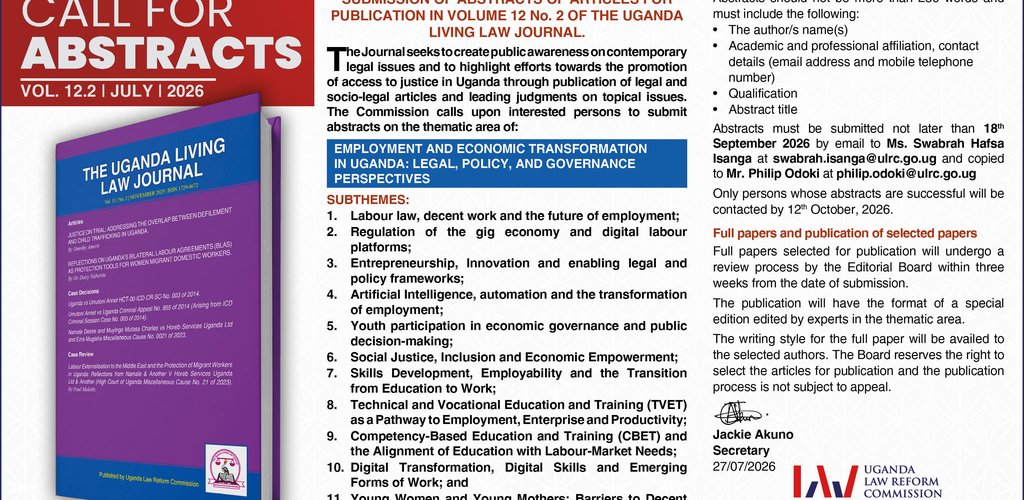 Call for Abstracts: Uganda Living Law Journal Volume 12 No. 2